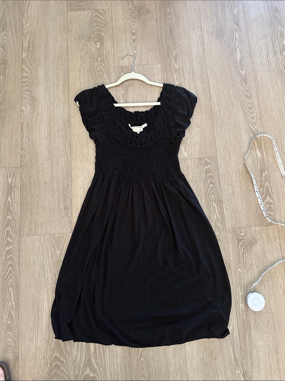 Max Studio Black Smocked Midi Dress with Cap Sleeves